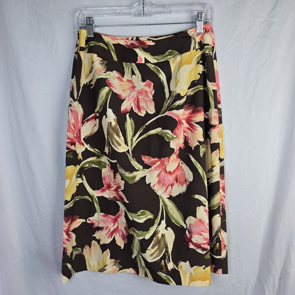 Vintage Talbots Silk Blend Skirt Womens 8 Brown Floral Watercolor Office Fairy - Picture 1 of 6
